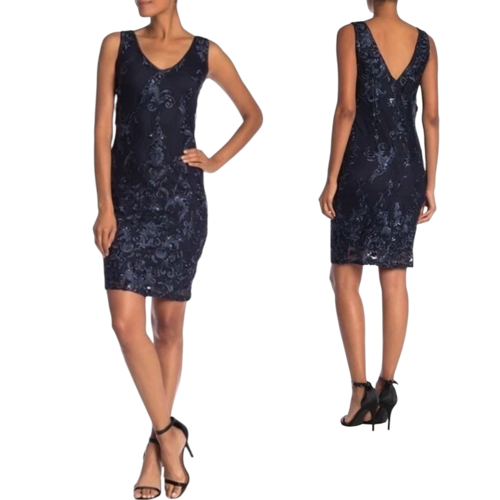 Marina Navy Blue Sequin Lace Sheath Cocktail Dress Formal Evening Sz 8